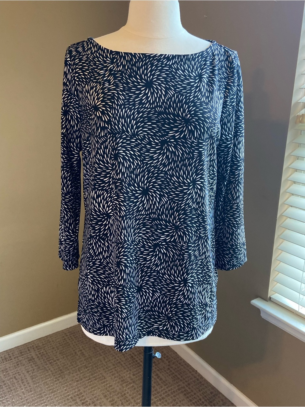 Talbots Black and White Long-Sleeve Swirl Patterned Blouse- Size Small, Office